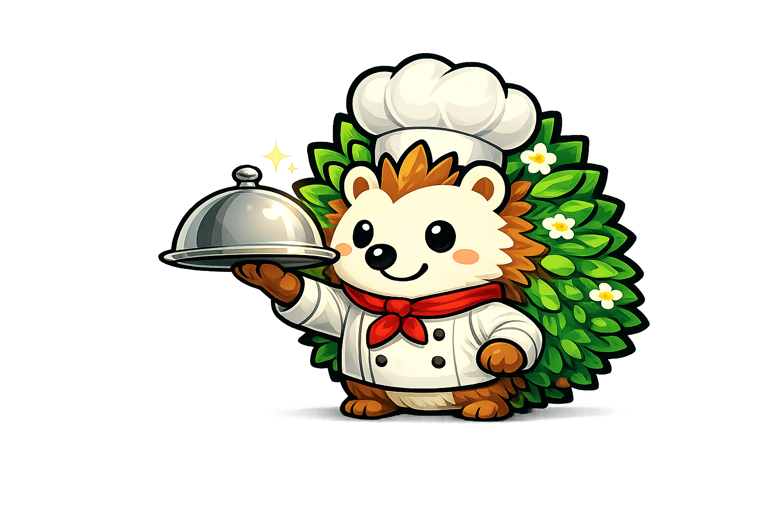 Stacky, the StacksFinder hedgehog mascot dressed as a chef, holding a silver cloche with green leaf spines and a red neckerchief